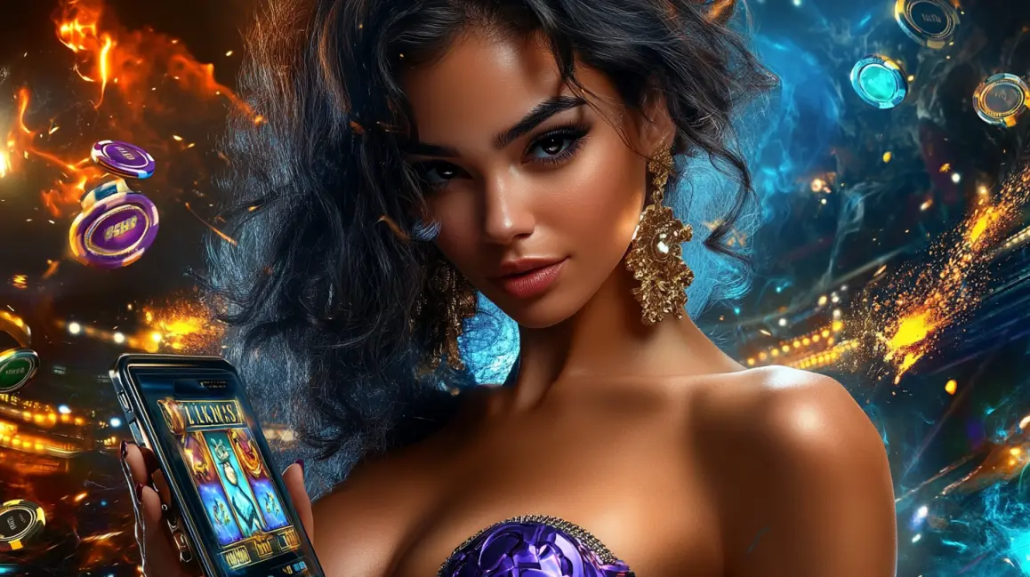 Unleash Elemental Power and Win Big at 77ABC. A woman with blue hair holds a phone showing a fantasy slot game, surrounded by a whirlwind of fire and water, representing the elemental power and epic wins at 77ABC.