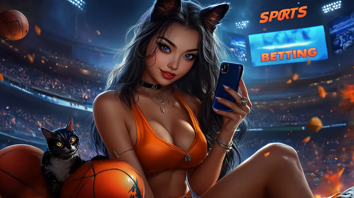 The Most Fun Way to Bet on Live Sports | 77ABC. A woman with cat ears and a black cat uses her phone to bet on sports in a packed stadium, showcasing the fun and exciting way to engage with live games on 77ABC.