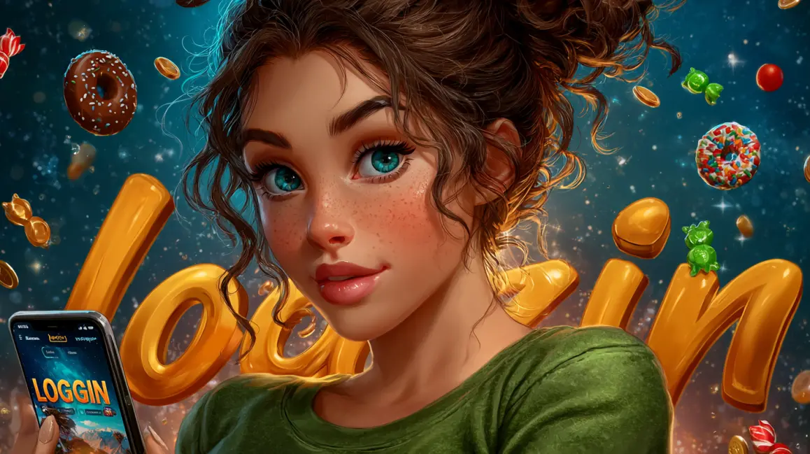 Log In for a World of Sweet Wins at 77ABC. A cute animated girl in a green hoodie with 'LOGGIN' on it holds a phone, inviting you to sign in to the fun world of candy-themed slot games at 77ABC.