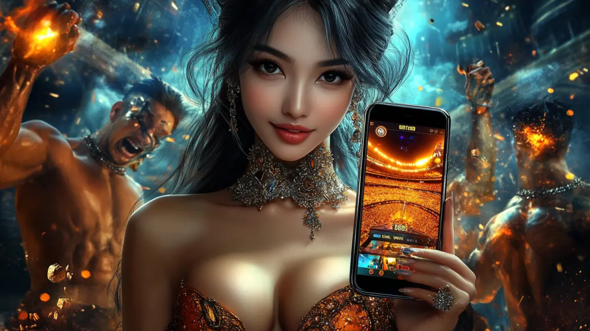 Sports and Slots: The Ultimate Combo at 77ABC. A woman in a fiery stadium holds a phone showing a sports-themed slot game, blending the excitement of live sports with the thrill of spinning for a jackpot at 77ABC.