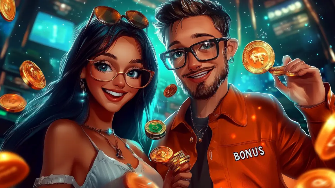 Get a Bonus and Win Bitcoin at 77ABC! A happy couple in sunglasses celebrates winning with Bitcoin and casino chips, with a 'BONUS' sign, showing the fun and rewards you can get when you play at 77ABC.