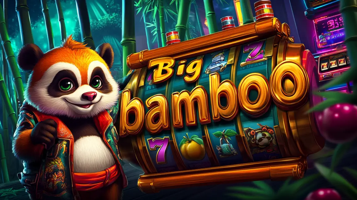 Play the Popular Big Bamboo Slot at 77ABC. A cute red panda in a stylish jacket stands next to the 'Big Bamboo' slot machine, one of the most popular and rewarding animal-themed games you can play at 77ABC.