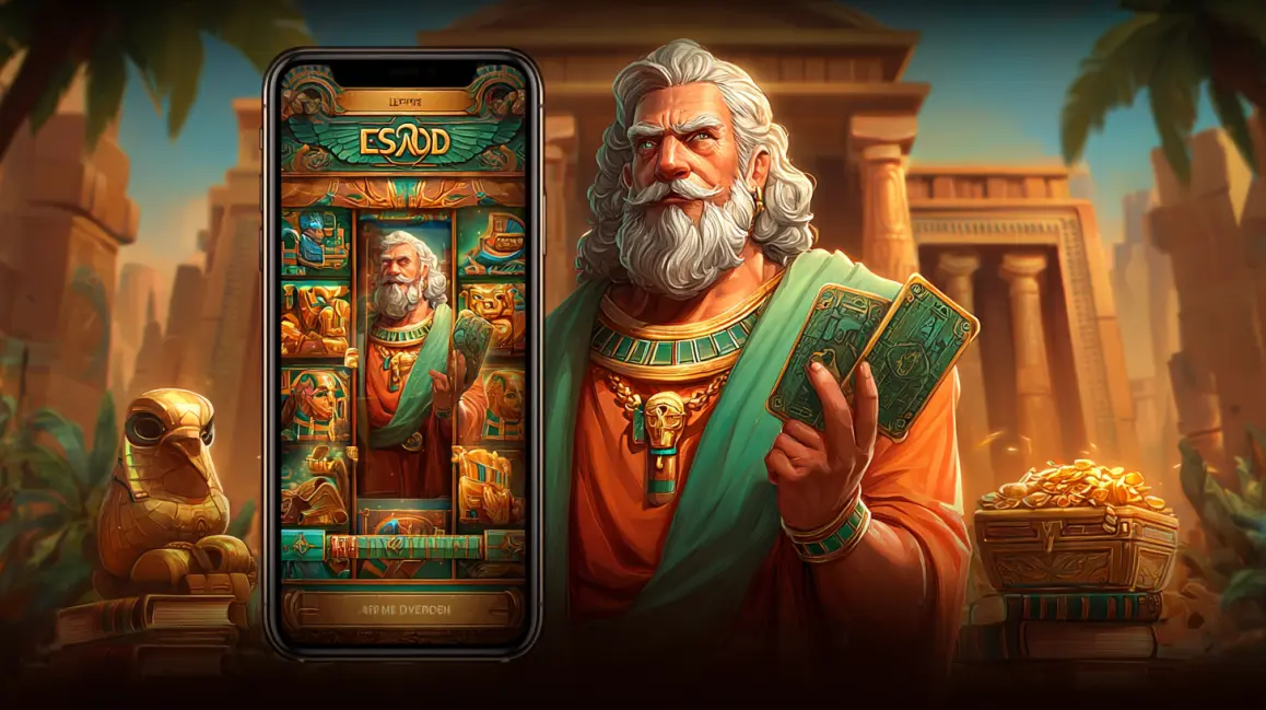Experience a Clash of Gods at 77ABC Slots. An ancient Greek god holds a phone showing an Egyptian-themed slot game, blending mythologies for an epic gaming experience with divine jackpots, exclusively at 77ABC.