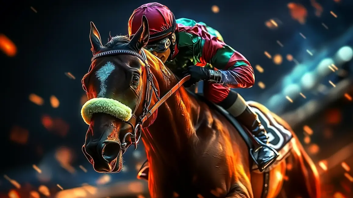 Bet on High-Stakes Horse Racing at 77ABC. A jockey gallops on a powerful horse, with sparks flying from its hooves, representing the high-stakes speed and excitement of horse race betting on the 77ABC platform.