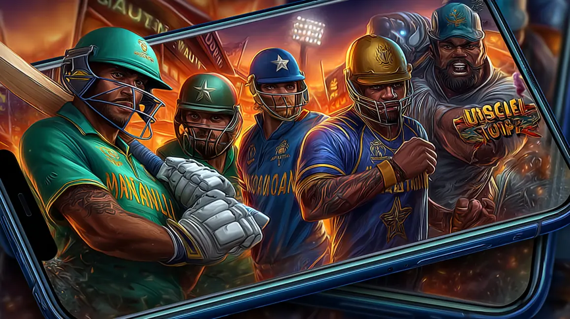 The Ultimate App for Cricket Fans | 77ABC. A team of professional cricket players is shown on a phone screen, inviting you to download the 77ABC app and bet on all your favorite cricket leagues and matches.