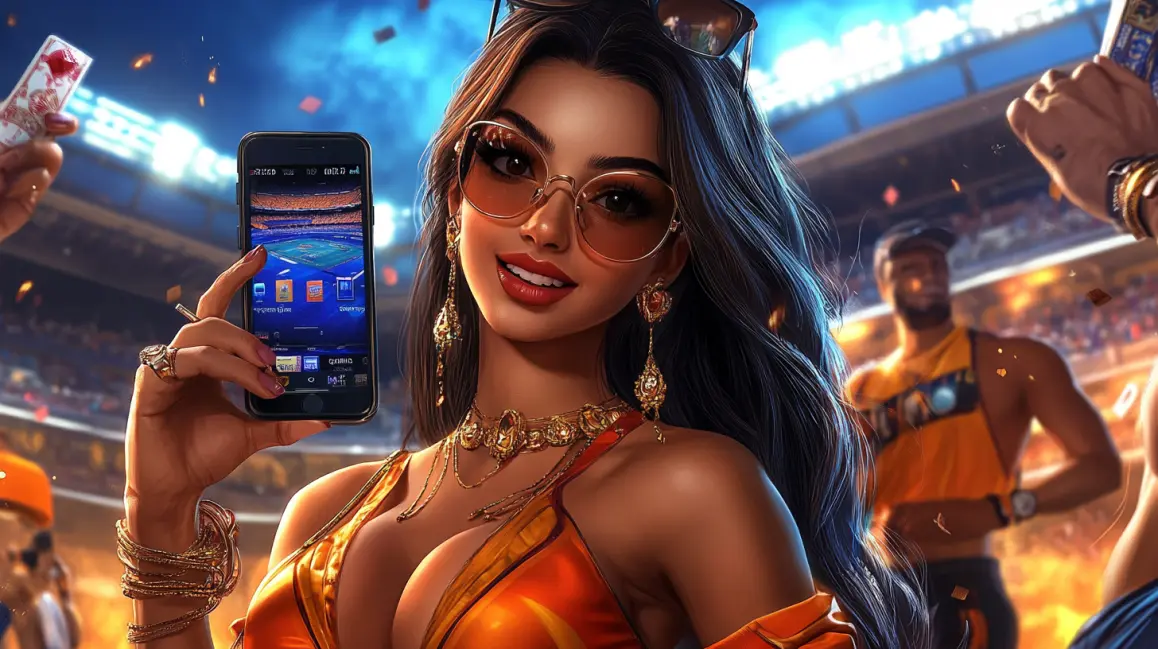 Cash in Your Winning Bets with 77ABC. A stylish woman in a stadium holds a phone and a betting slip, ready to cash in her winnings from a successful bet placed on the reliable 77ABC sports app.
