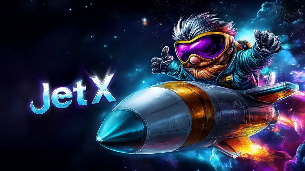 Give a Thumbs-Up for Big Wins with JetX at 77ABC! A pilot gives a thumbs-up while riding a rocket in the 'JetX' game, a fun and fast-paced crash game with big multipliers and stellar wins available at 77ABC.