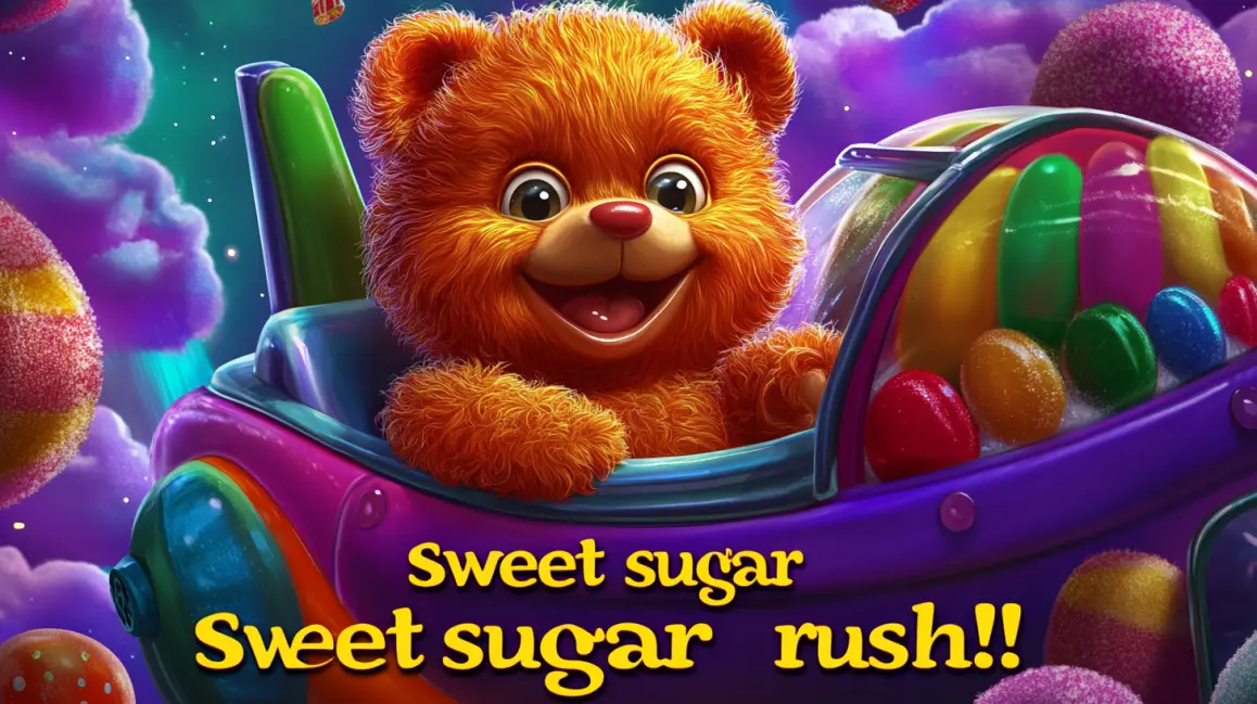 Get a Rush of Sweet Wins at 77ABC! A cute teddy bear flies a candy-filled spaceship in the 'Sweet sugar Sweet sugar rush!!' game, a delightful slot adventure with delicious wins available to play now at 77ABC.