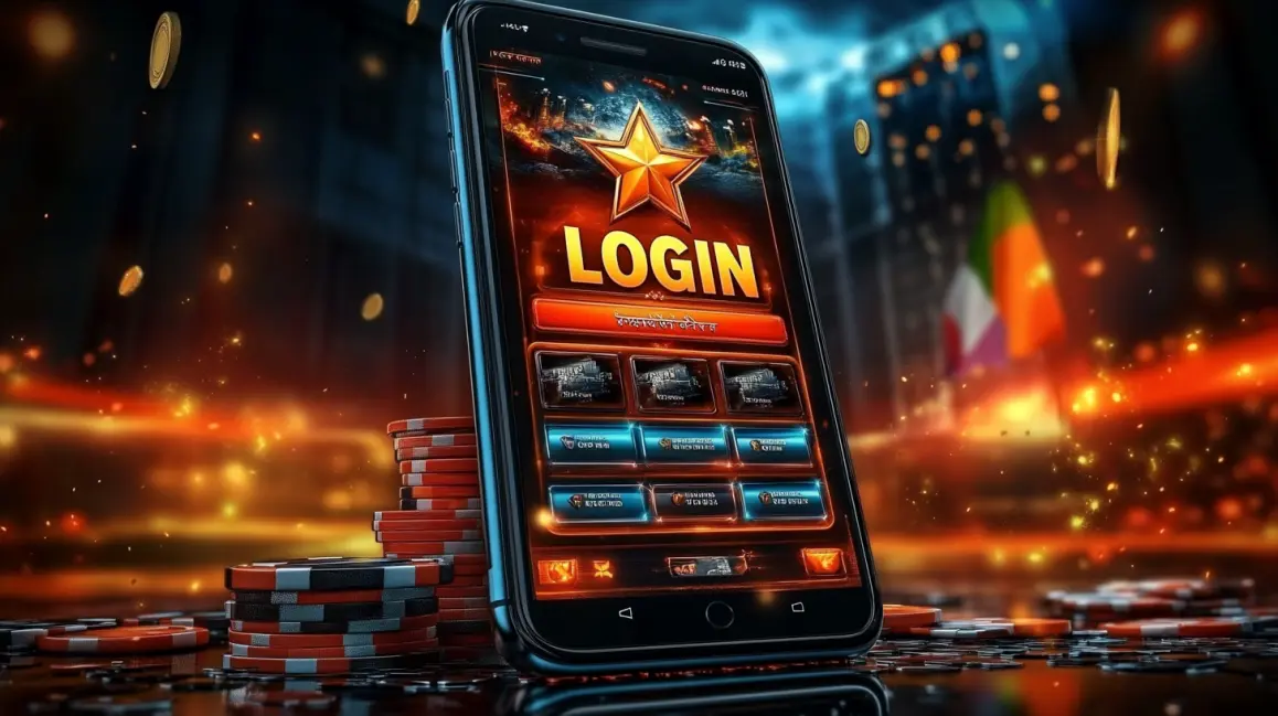 Log In to a World of Action at 77ABC. A woman in a fiery, action-packed city holds a phone with the 77ABC login screen, inviting you to join the high-octane world of mobile sports betting and gaming.
