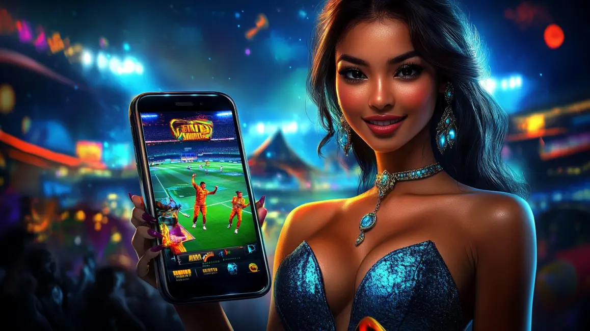 Combine Sports and Casino for Double the Fun | 77ABC. A stylish woman in a stadium holds a phone and a playing card, showing how you can combine the thrill of sports betting with the excitement of casino games at 77ABC.