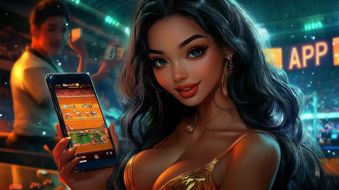 Your All-Access Pass to Sports Betting | 77ABC. In a packed stadium, a smiling woman holds up her phone, showing the 77ABC app, your all-access pass to live sports betting and instant, in-play wagers on every game.