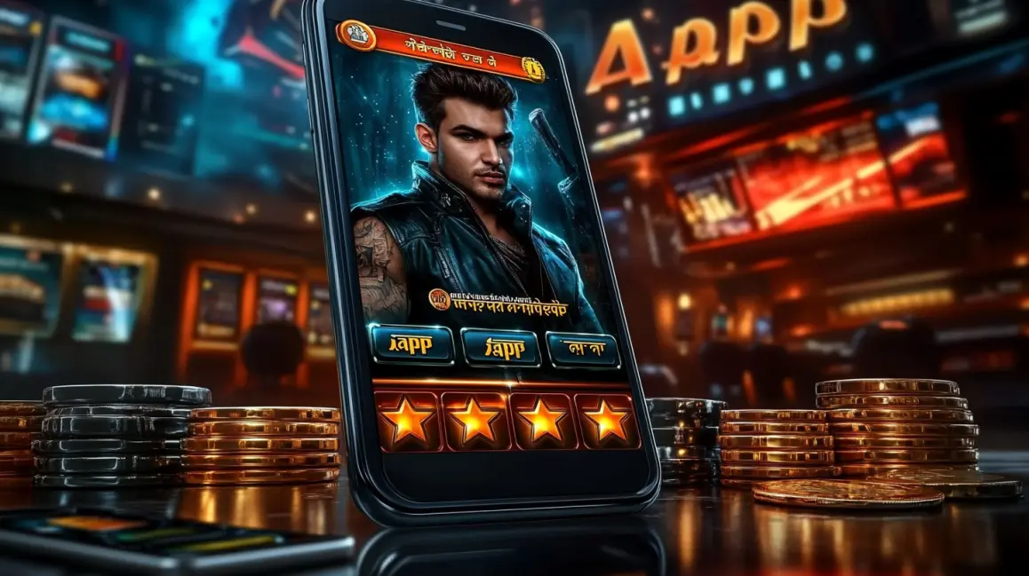 Download the Ultimate Gaming App from 77ABC. A phone with a stylish 'APP' logo featuring a heroic character is shown, with gold coins and poker chips, inviting you to download the ultimate gaming app from 77ABC.
